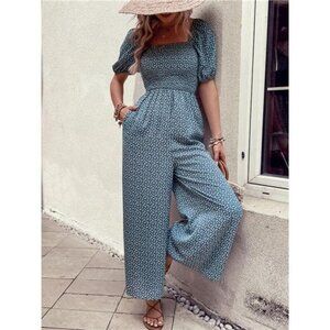Printed Square Neck Puff Sleeve Jumpsuit